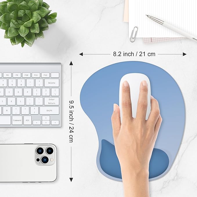 ITNRSIIET Ergonomic Mouse Pad, Cushioned Gel Wrist Rest, Non-Slip Base, Smooth Surface, Compatible with All Mice for Office & Gaming, Desk Accessory, 9.5 x 8.2 inch, Gradient Blue Ombre