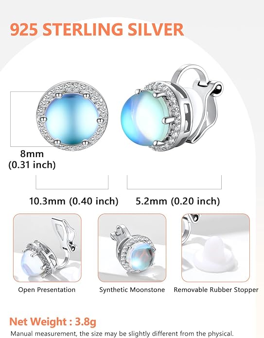 Silvora 925 Silver 8MM Cubic Zirconia Birthstone Clip On Stud Earrings Round Non Pierced Earrings For Women,Come with Box