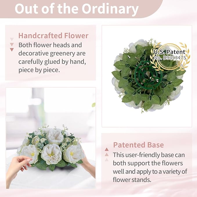 NUPTIO Artificial Flowers Ball Centerpieces: 10 Pcs 9.8 Inch Diameter Fake Kissing Rose Floral Balls for Wedding Party Bridal Shower Valentine Home - White Bouquet Arrangement Decorations for Table
