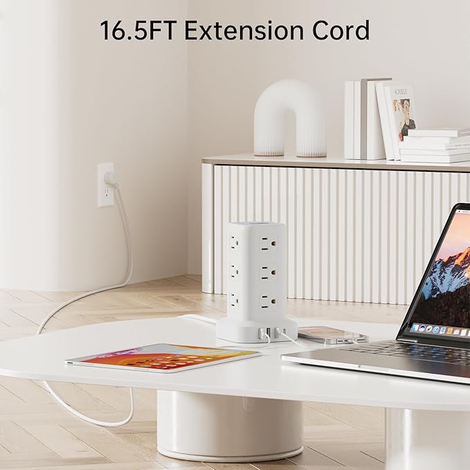 PD20W Power Strip Tower Surge Protector,16.5FT Extension Cord,Power Strip with USB 12 Outlets with 4 USB Ports (1 USB C), Flat Plug Multi Plug Outlet Extender Overload Protection for Home Office