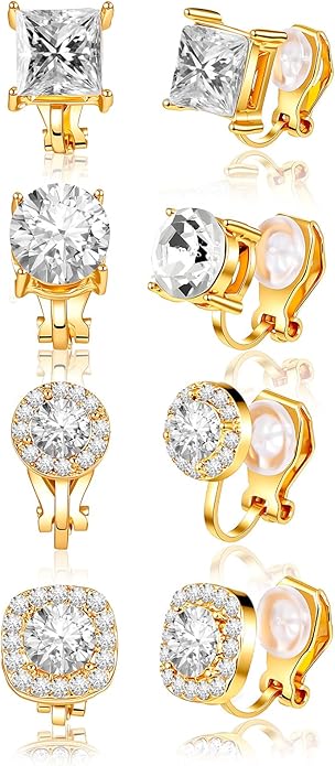 4 Pairs Cubic Zirconia Clip Earrings for Women Dance Competition - Non Pierced Diamond Clip On Earrings studs for Men