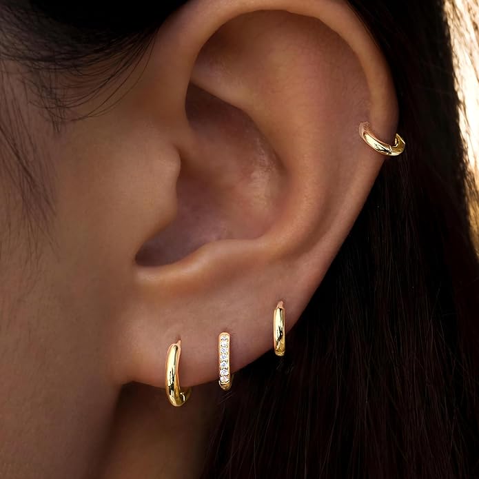 Small Gold Huggie Hoop Earrings Set for Women Men Hypoallergenic 14K Plated Stack Cartilage Earrings, Multiple Piercing Lightweight Mini Thin Cute Dainty Trendy Jewelry Set Christmas Gifts for Women