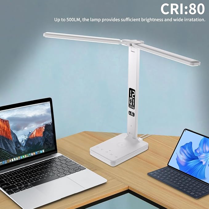 LED Desk Lamp with Charger, USB Charging Port, Dual Swing Arm Desk Light with 5 Brightness, 3 Colors, Table Lamp with Clock, Alarm, Date, Temperature, Desk Lamp for Home Office Study (White)