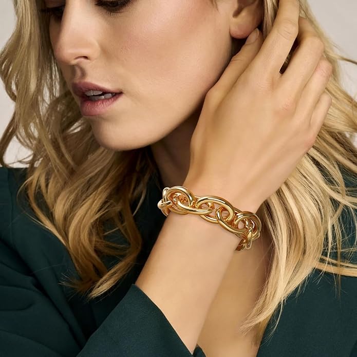 Chunky Gold Bracelet for Women Non Tarnish, Trendy Stretch Cuban Link Chain Plated Gold Bangle Bracelets