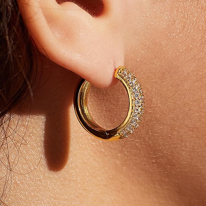 Gold Earrings for Women Girls,14K Gold Plated Hoop Earrings with 925 Sterling Silver Post Cubic Zirconia Stud Earring Huggie Hoops Earrings