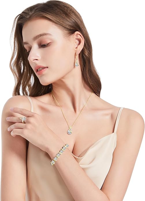 LMXXVJ Jewelry Set for Women,Teardrop Cubic Zirconia Necklace Earrings Adjustable Ring Bracelet Jewelry Set Formal Jewelry Gift