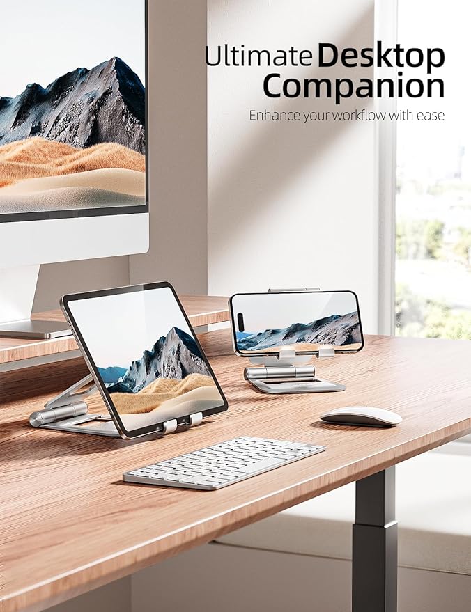 Nulaxy Aluminum Dual Foldable iPad Stand, Fully Adjustable Desktop Tablet Holder, Tablet Accessories for Office Kindle Compatible with Mobile Devices iPad Pro/Air/Mini, iPhone Pro/Max/Plus, Silver