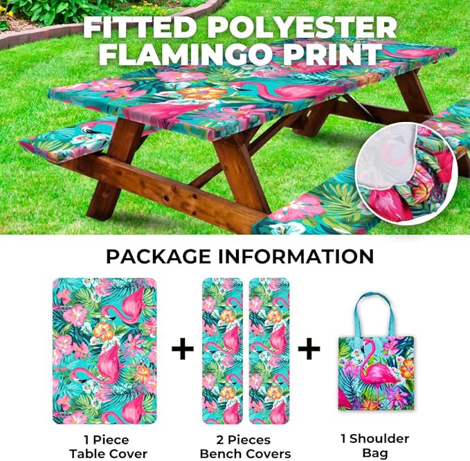RNOONY 6ft Polyester Picnic Table Cover with Bench Covers Windproof & Waterproof Tablecloth, Perfect for Camping Gifts & RV Essentials, Cool Camping Gadgets, with Carrying Bag, 72x30 Inches, 4Pcs