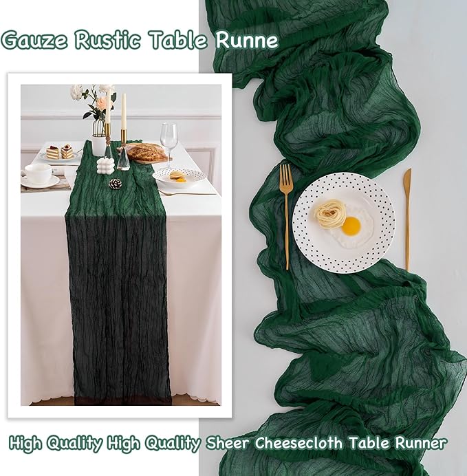 10 Pack Emerald Green Table Runner 120 Inch Cheesecloth Table Runner 10FT Boho Gauze Table Runner Long Cheese Cloth Table Runner Semi Sheer Runners for Wedding Bridal Baby Shower Party