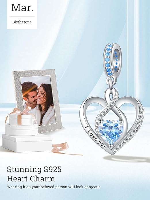 Heart Birthstone Charms for Bracelets, 925 Sterling Silver Women Bead Charms for Charm Bracelets Necklace, Mother's Day Birthday Anniversary Jewelry Gifts for Wife Mom Grandma Daughter