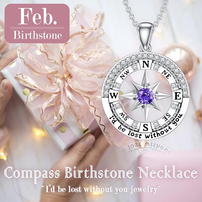 Compass Birthstone Necklace Gift for 2025 Graduation 925 Sterling Silver Compass ‘I'd be Lost Without You’ Pendant Necklaces Jewelry for Women Her Wife Gift for Birthday Anniversary