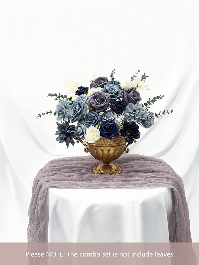 Roses Artificial Flowers Dusty Blue Silk Bulk for DIY Wedding Bouquets Bridal Baby Shower Decorations Fake Floral Arrangements for Party Table Centerpieces Home Decor Indoor Navy Royal Box Set