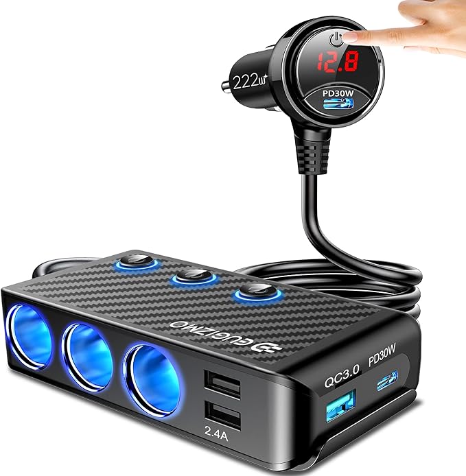 Cigarette Lighter Adapter, 222W 3 Socket Car Cigarette Lighter Plug USB Charger Multi Port 12V Car Plug Outlet Splitter with LED Voltage Display Independent Switches
