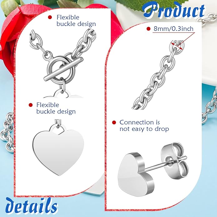 Bucherry 3 Pcs Heart Jewelry Set Bow Snowflake Jewelry Heart Pendant Chain Toggle Necklace with Bracelet Earrings Snowflake Stainless Steel Link Chain for Women Gift