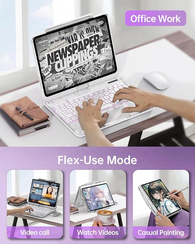 Intermerge for iPad 9th 10.2 inch Keyboard Case, 360° Transparent Multi-Touch Trackpad, 7-Color Backlit Keyboard, Pencil Holder, Type-C, Power Indicator for 9th/ 8th/ 7th - Frost Pulse