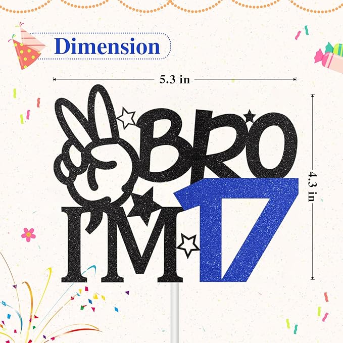 Bro I'm 17 Cake Topper, 17th Birthday Decorations for Boy, Glitter Funny 17th Birthday Cake Topper, Big Brother 17 Year Old Birthday Party Decoration Supplies
