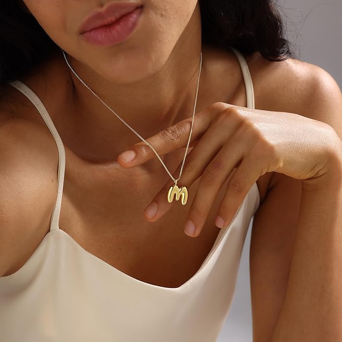 Bubble Gold Silver Letter Necklace Initial Necklaces for Women Trendy 14K Dainty Charm Pendant Name Necklace Personalized Jewelry Gift for Women Teen