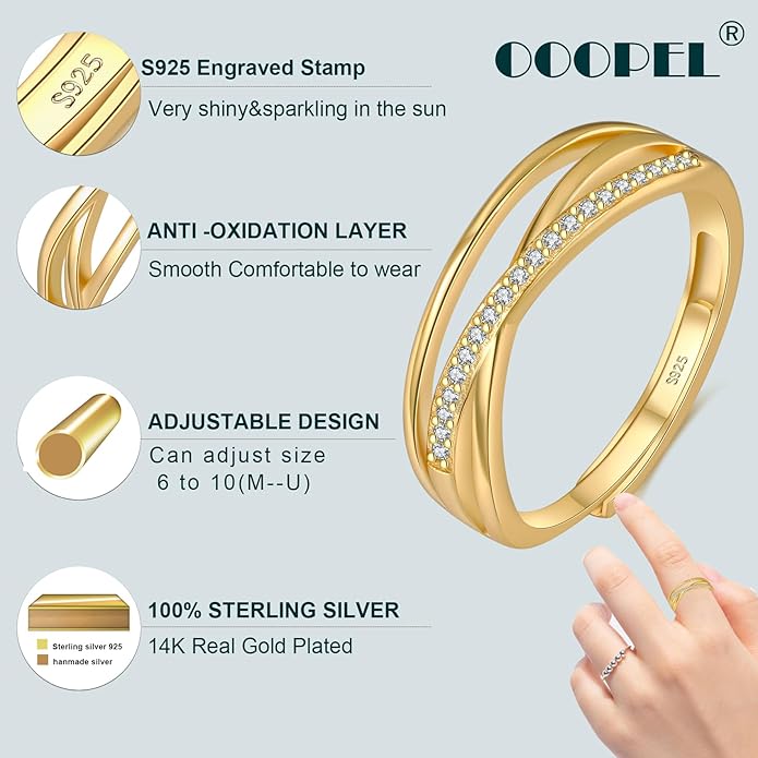 OOOPEL Sterling Silver Adjustable Ring S925 Silver Rings for Women Cubic Zirconia Twist Love Knot Dainty Ring Silver Minimalist Open Finger Rings Silver Thumb Sterling Silver Ring
