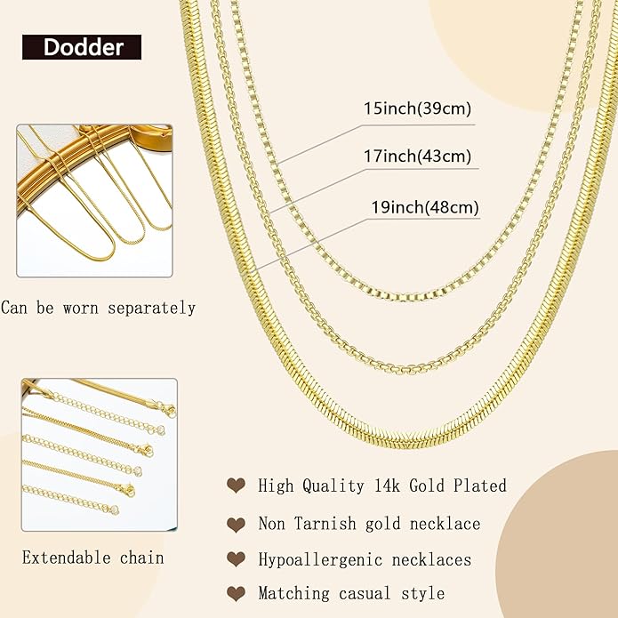 Gold Layered Necklaces for Women, 14K Gold Plated Dainty Gold Chain Choker Necklace Stack, Herringbone Gold Necklaces Set