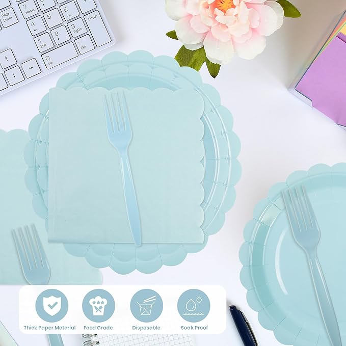 96PCS Blue Paper Plates and Napkins, 24 Guest Light Blue Disposable Tableware Set Include Scalloped Paper Plates Napkins and Forks Decoration Party Supplies for Baby Shower Wedding Birthday