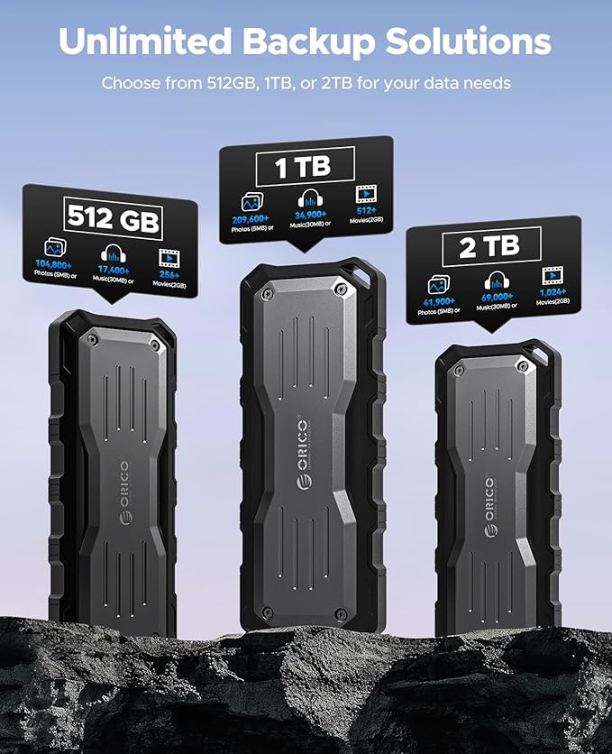 ORICO 1TB External SSD Up to 2000MB/s, Interface Extra Protection, Waterproof and Dust-Proof, Rugged and Reliable Outdoor Portable Solid State Drives for Action Camera, Smartphone, Laptop - O20