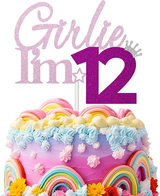 Girlie I'm 12 Cake Topper, 12th Birthday Decorations for Girl, Glitter Funny 12th Birthday Cake Topper, Girlie 12 Year Old Birthday Party Decoration Supplies