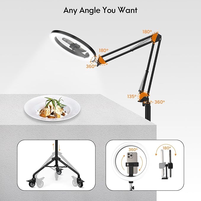 LUXSURE Ring Light Tripod for iPhone, Overhead Camera Mount with Casters,LED Ring Light with Stand and Phone Holder,Phone Tripod with Light for Video Recording/Live Streaming/Cooking