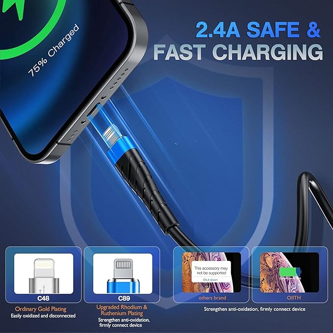 OIITH Apple MFi Certified iPhone Charger Cable 3 Pack 10 Ft, Extra Long Lightning Charging Cord, Fast 2.4A iPhone USB Cord Compatible with iPhone12/11/XS/Max/XR/X/8/8P/7P/6/iPad - Blue