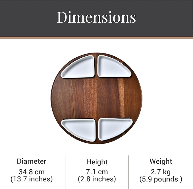 Shanik Upgraded Lazy Susan Cheese Cutting Board Set - Round Acacia Charcuterie Board with 4 Ceramic Bowls - Wedding Gifts - Cheese Serving Platter - Bridal Shower