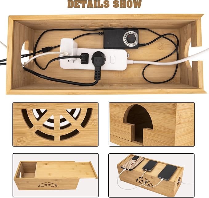 Cable Management Box,Cord Organizer Box,Bamboo Cable Organizer Box for fit Desk Computer USB Behind TV Home Hall Computer Power