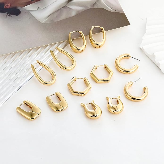 Wgoud 6 Pairs Gold Hoop Earrings Set for Women, 14K Gold Plated Hypoallergenic Lightweight Chunky Open Huggie Hoops Earrings Jewelry for Gifts.