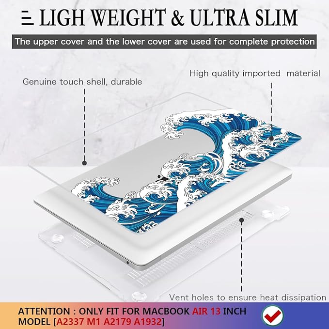 CISSOOK Wave Case for MacBook Air 13 inch Case 2021 2020 2019 2018 Release, Ocean Hard Shell Cover for MacBook Air 13'' with Touch ID A2337 M1 A2179 A1932 Model with Keyboard Cover + Screen Protector