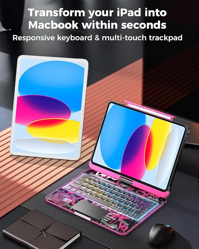 TSQQST Clear Wireless Keyboard Case for iPad (A16) 11th Generation 11-inch 2025/ iPad 10th Generation 10.9-inch 2022 with Pencil Holder & Multi-Touch Trackpad, 7-Color Backlight, 360 Rotatable, Pink