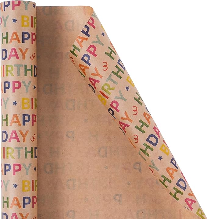 Kraft Birthday Wrapping Paper - Mini Roll - 17 Inches X 33 Feet - for Boys Girls Kids - Colorful Happy Birthday Pattern Great for Teen, Party, Baby Shower