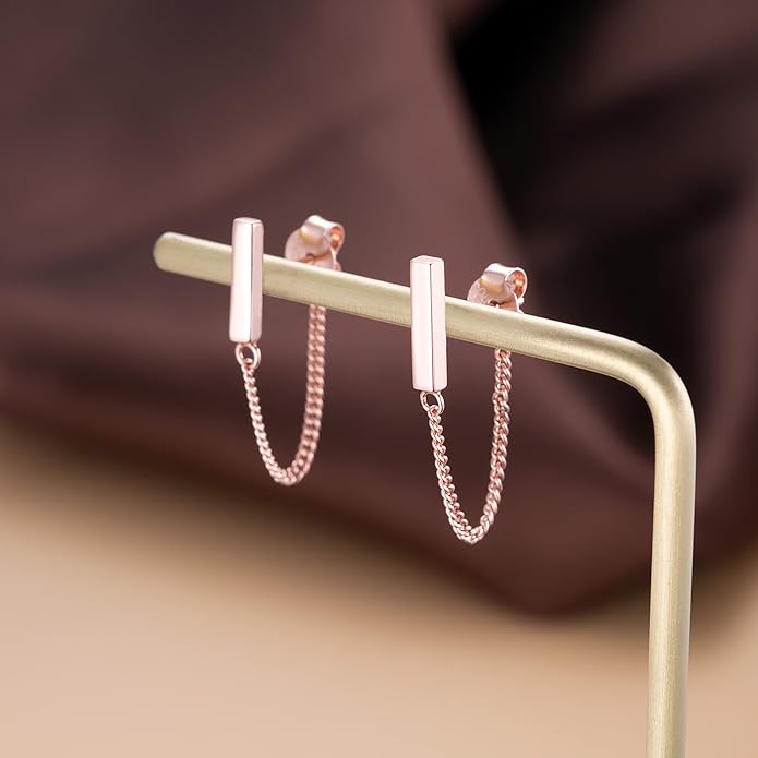 Reffeer Solid 925 Sterling Silver Stud Earrings Minimalist Bar Earrings with Chain Dangle Earrings For Women