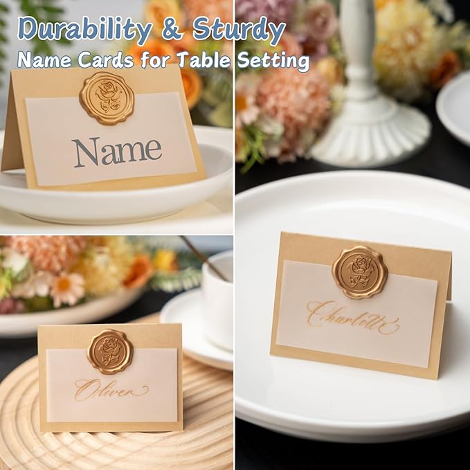 25 Pack Name Cards for Table Setting, Place Cards with Antique Gold Rose Wax Seal Sticker for Wedding, Table Tent Card Stock Handmade Decor for Party, Dinner, Home(Pearlized Gold)
