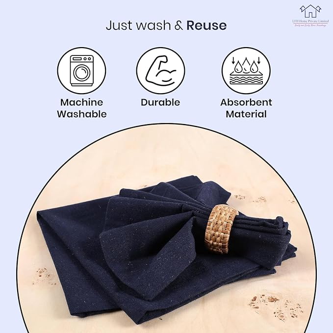 LFH Home Cotton Rich Metered Napkins for Dining Table Set of 12, Elegant Cloth Napkins for Wedding Party or Everyday Use Machine Washable Durable Reusable and Soft for Hosting 18x18 Inch - Navy