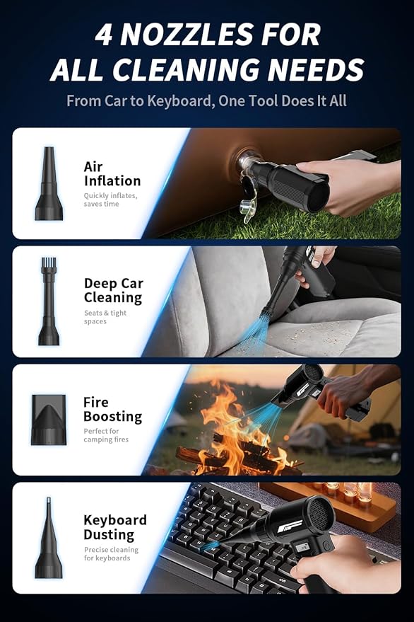 Instant Dust Removal — Compressed Air Duster 90,000 RPM with 40mm Nozzle, LED Light, TFT Display, 9-Speed Adjustable Rechargeable Air Duster, 10,000mAh Battery, 5 Nozzles for Computer,blowers