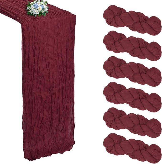 6 Pack Burgundy Cheesecloth Table Runner 10FT Boho Cheese Cloths Gauze Fabric Table Runners 120 Inch Rustic for Christmas Fall Thanksgiving Wedding Birthday Party Baby Shower Home Decorations
