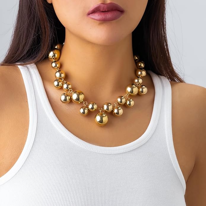 Chunky Pearls Statement Choker Necklace for Women,14K Gold Large Beaded Punk Ball Cluster Collar Necklace Party Dainty Jewelry Gift