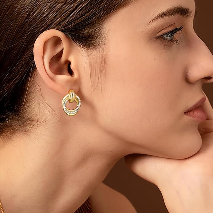 14K Gold Plated Chunky Clip On Earrings for Women 14k Gold Knot Link Clip Earrings Silver Rhinestone Hoop Clip On Earrings Jewelry for Women