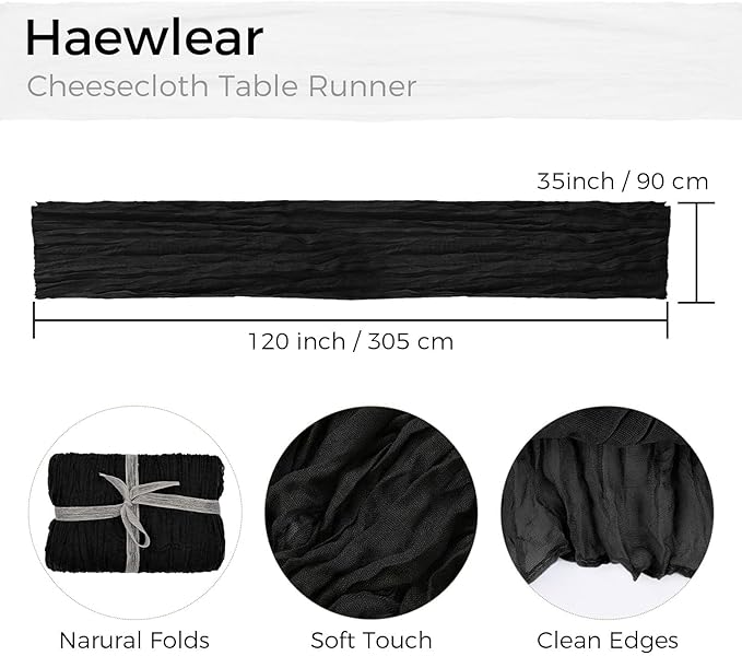 10 PCS Pack Black Cheesecloth Table Runner 10ft Boho Gauze Fabric Cheese Cloth Table Runner Comes with 10 Cloth Napkins Runner for Romantic Wedding Birthday Shower Party Table Decoration