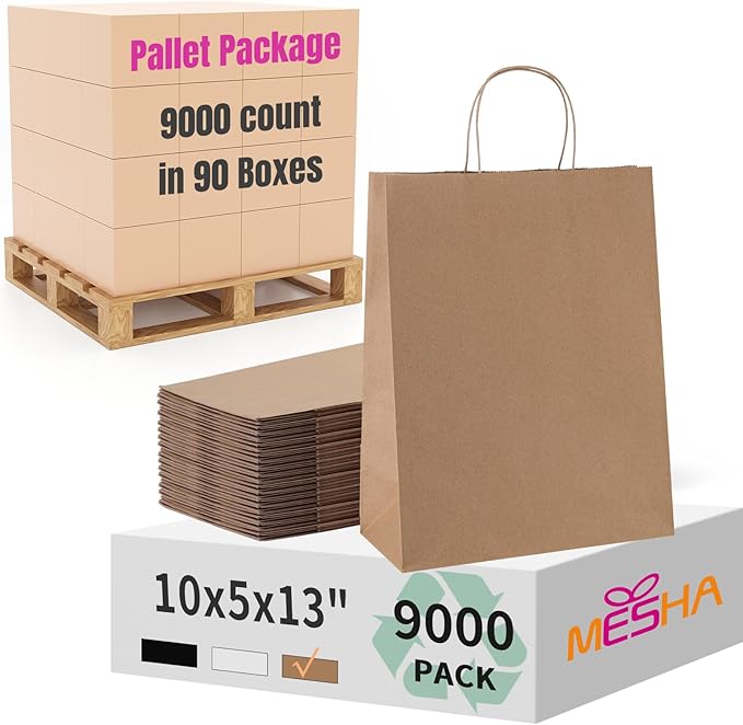MESHA Gift Paper Bags 9000 PACK 10X5X13 Brown Large Shopping Kraft Bags Bulk with Handles Reusable for Business,Grocery,Birthday,Wedding,Kids Party,Favors