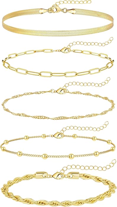 Gold Bracelets Set for Women Non Tarnish Trendy,14K Gold Plated Dainty Stackable Paperclip Cuban Link Chain Bracelets, Simple Cute Cuff Bracelets Jewelry Set Adjustable 7"+2"