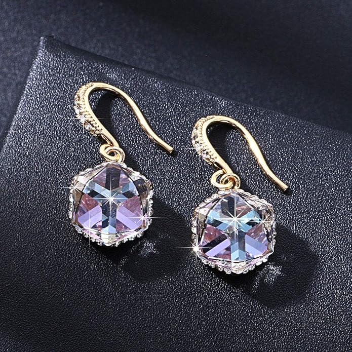 Austrian Crystal Cube Drop Dangle Earrings for Women 14K Gold Plated Hypoallergenic Jewelry