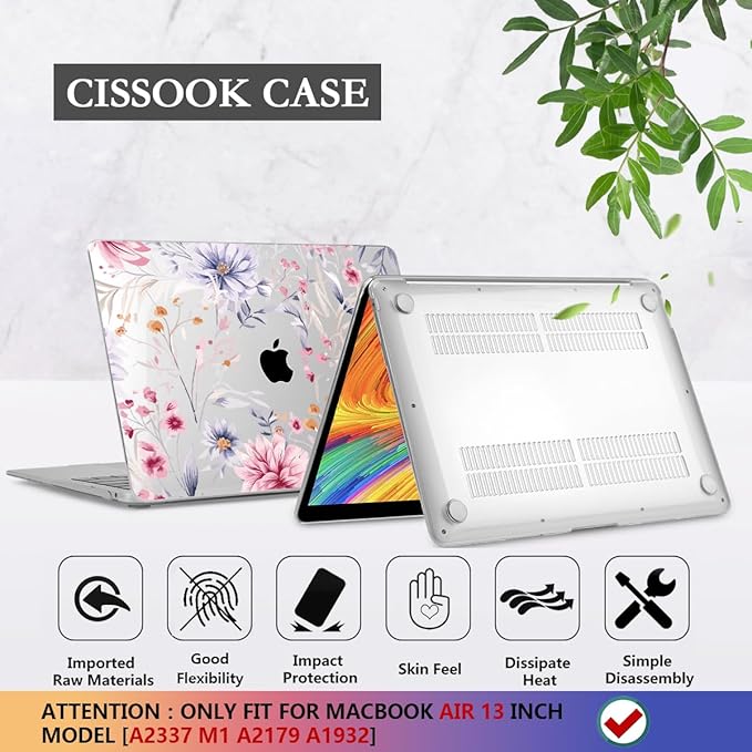 CISSOOK Flower Case for MacBook Air 13 Inch A2337 M1 A2179 A1932 Model 2021-2018 Released, Plastic Floral Cover with Keyboard Cover Protector for MacBook Air 13 with Touch ID，Flowers Watercolor