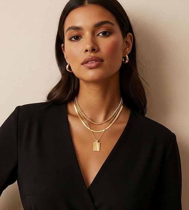 YEEZII Layered Gold Necklaces for Women Trendy, 3 Pcs 14K Gold Plated Choker Paperclip Box Chain Necklace, Stackable Women's Gold Pendant Necklaces Jewelry Set