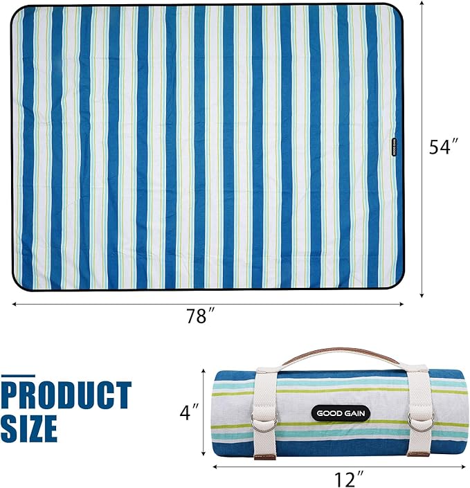 G GOOD GAIN Waterproof Picnic Blanket Portable with Carry Strap for Beach Mat or Family Outdoor Camping Party（Cobalt）