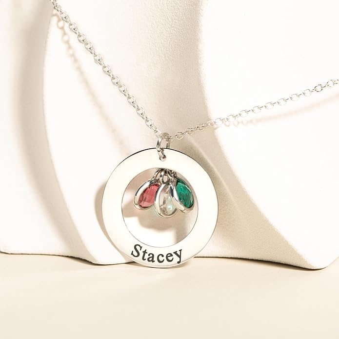 Birthstone Necklace for Mom Jewelry for Women Grandma Necklace Personalized Mothers Day gifs Necklace with 2 Children Kids Names -CIR-BSN
