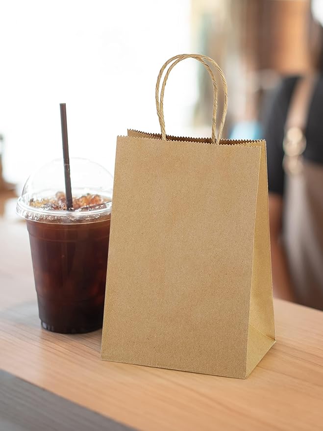 MESHA Kraft Paper Bags 5.25X3.75X8 Inch Brown Small Gift Bags with Handles Bulk,300 Pack for Small Business,Birthday Wedding Party Favor, Paper Shopping